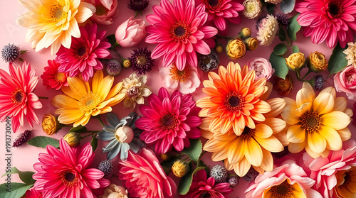 Vibrant and Dense Floral Explosion of Colorful Gerbera Daisies on a Soft Pink Background