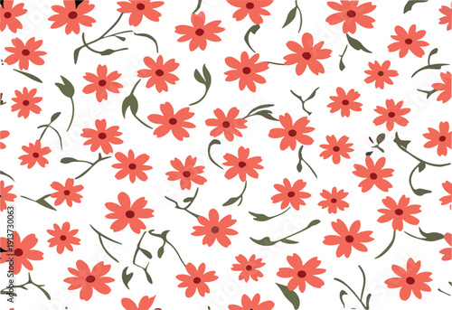 Coral daisy seamless pattern with scattered floral branches in modern minimal hand drawn vector style