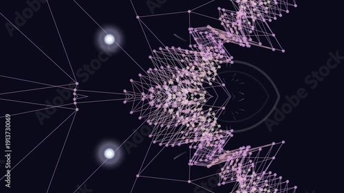 Digital illustration of a pink network graph with nodes and connections on a dark background with a futuristic feel.