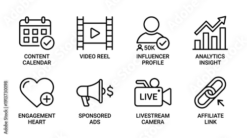 Streamlined Social Media Marketing Tools for Content Creation and Performance Analytics Vector Icon Set