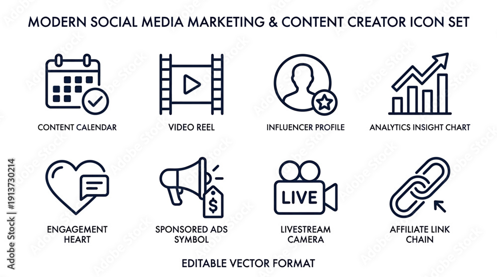 Fototapeta premium Essential Social Media Marketing and Content Creation Vector Icon Set for Digital Business Strategies