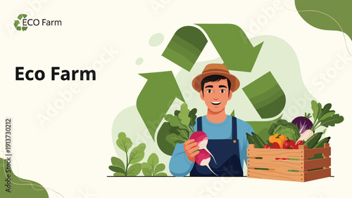 Smiling farmer holds a wooden crate overflowing with fresh organic vegetables in front of a large green recycling symbol on an eco farm.