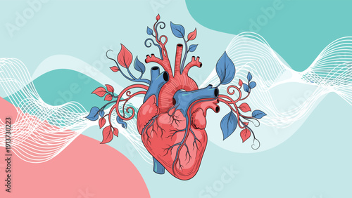 Stylized anatomical human heart blooming with vibrant leaves and curling vines represents the beautiful intersection of life, health, and nature.