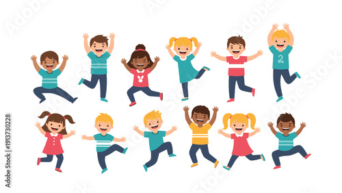 Diverse group of happy children in colorful clothing celebrate with joyful poses, including jumping, dancing, and cheering with raised arms.