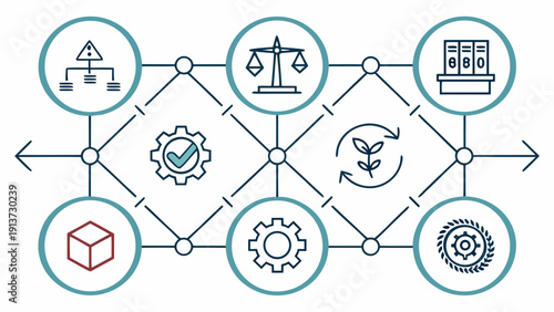 Interconnected industrial components illustrating balance, settings, and quality control in a mechanical system