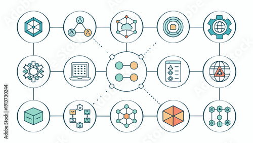 Infographic displaying interconnected icons representing technology and business concepts in a flowchart style on a white background viewed from directly above
