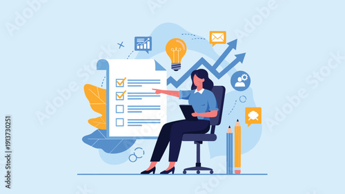 Successful businesswoman sitting in her office chair points to a completed checklist while surrounded by various productivity and idea icons.