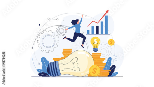 Energetic entrepreneur jumps over stacks of coins and a large lightbulb symbolizing a breakthrough idea leading to financial success and growth.