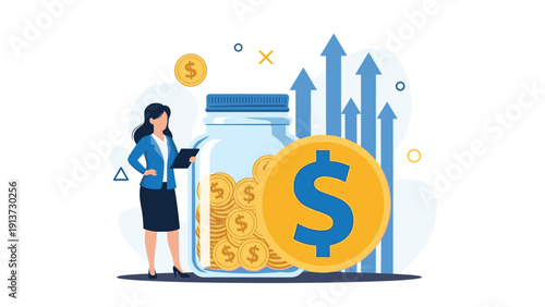 Financial professional stands confidently next to a large jar overflowing with gold coins signifying savings, investment growth, and wealth accumulation.