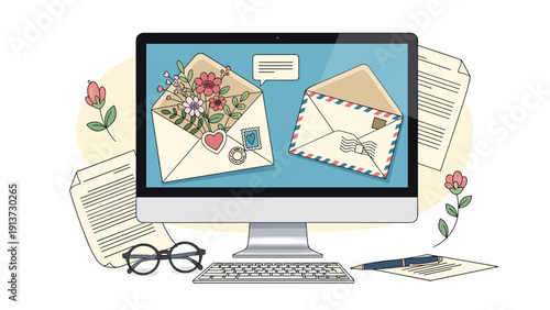 Desktop computer screen displays charming digital greeting cards and letters filled with flowers representing modern online communication.