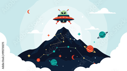 Extraterrestrial spaceship hovers above a dark mountain peak under a starry night sky featuring distant planets and shining constellations.