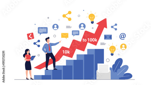Successful business partners celebrating financial growth as they look at a rising bar graph reaching a milestone of one hundred thousand.