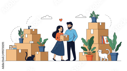 Young couple happily moving into their new home surrounded by stacked cardboard boxes, indoor plants, and their two pet cats.