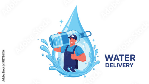Cheerful delivery man carrying a large plastic water bottle over his shoulder in front of a giant blue water droplet and splash.