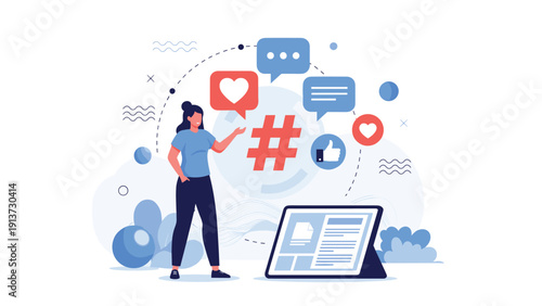 Professional woman pointing towards a large red hashtag symbol surrounded by social media notification icons and a tablet computer.