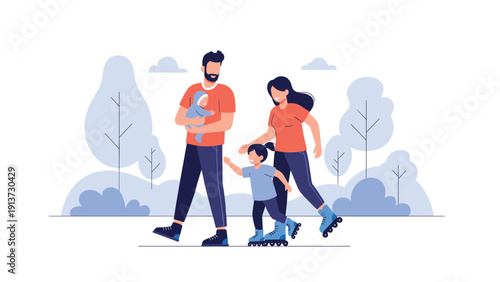 Happy family including parents and children enjoying a sunny day while roller skating together in a beautiful outdoor park setting.