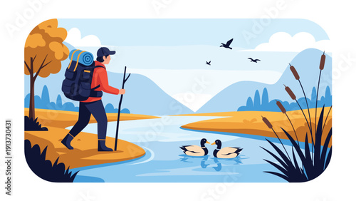 Lone hiker with a backpack and walking stick trekking along a scenic riverbank with ducks swimming in the water and mountains behind.