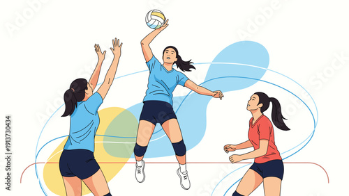 Group of athletic young women playing a competitive game of volleyball on a court with dynamic abstract shapes in the background.