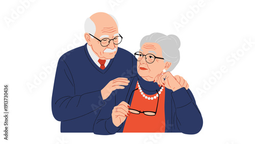 Caring elderly couple sharing a tender moment together with the man placing his arm around the woman in a sign of long term affection.