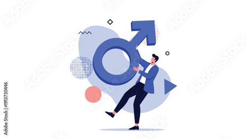 Young man in a blue suit carrying a large blue male gender symbol against a background of abstract shapes and geometric patterns.