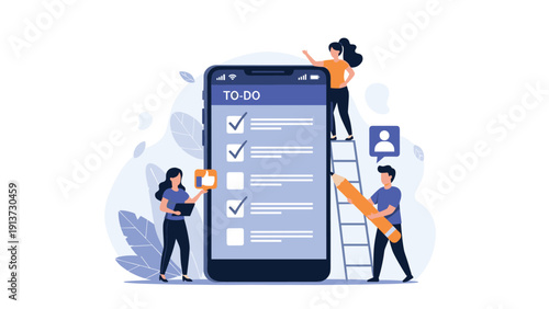 Team of people collaborating to manage a giant digital to do list on a smartphone screen using a large pencil and checking off tasks.