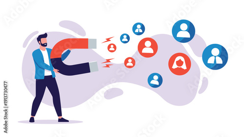 Businessman using a large magnet to attract potential customers and leads as a metaphor for successful digital marketing.