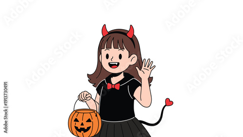 Little girl dressed in a cute devil costume for Halloween holding a jack-o-lantern pumpkin bucket and waving her hand.