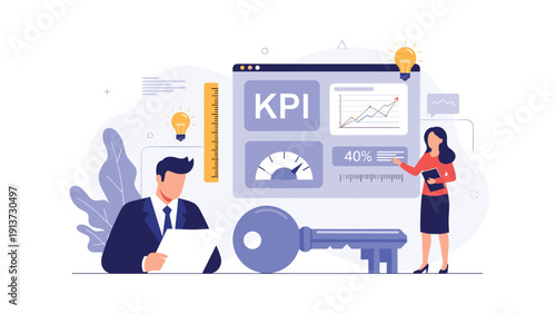 Professional business team analyzing key performance indicators and statistics on a digital dashboard to unlock growth potential.