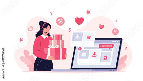 Customer service representative holding stack of gift boxes next to a laptop displaying an e-commerce website for online shopping.