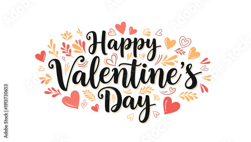 Elegant Happy Valentine Day calligraphic lettering surrounded by colorful heart shapes and floral ornaments on a white background.