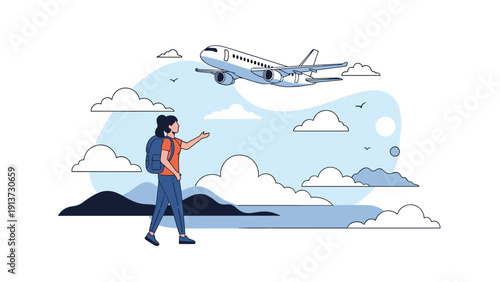 Young female traveler with a backpack walking through a scenic landscape and waving at a flying airplane in the sky.