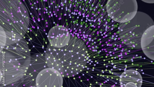 Network visualization with purple, green, and white nodes on a dark background with a cinematic lighting effect