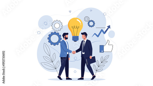 Two professional businessmen shaking hands in front of a giant glowing light bulb symbolizing a brilliant new idea or partnership.