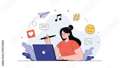Creative female designer working on a laptop while surrounded by floating social media symbols music notes and hearts.