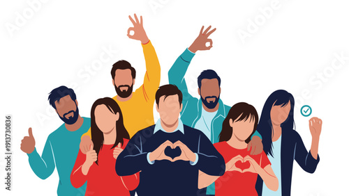 Large group of diverse and happy people expressing love and appreciation through various hand heart and okay gestures.