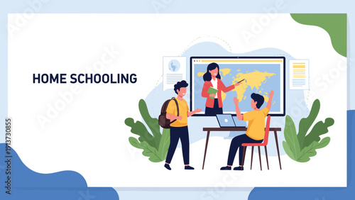 Two young students participating in a home schooling session while listening to their teacher on a large computer screen.