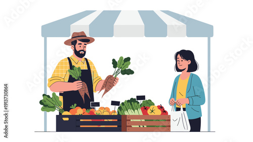 Local farmer in a hat and apron selling fresh organic carrots and vegetables to a female customer at an outdoor market stall.