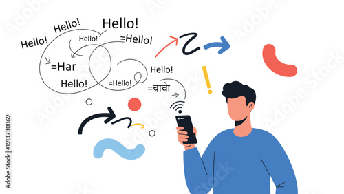 Man using a mobile translation application to communicate in multiple languages symbolized by different hello greeting bubbles.