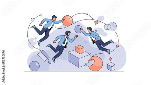 Professional team members collaborating in a virtual space by manipulating floating geometric shapes and data structures.