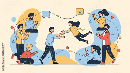 Group of diverse people working together to catch a flying woman in a symbolic illustration of trust and support for business teams.