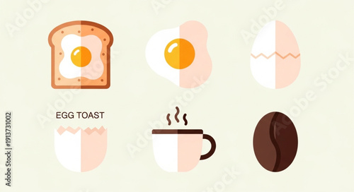Flat Design Breakfast Icons Featuring Egg Toast Coffee and Beans.