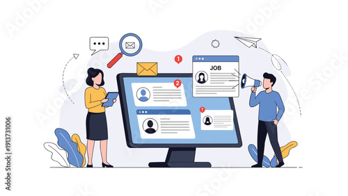 Recruitment team members reviewing candidate job profiles on a computer monitor while using a magnifying glass and a megaphone for hiring.