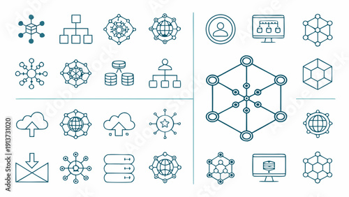 Network and Technology Icons Representing Modern Digital Concepts and Infrastructure in a Minimalist Style
