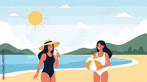 Two young women enjoying a sunny day at the beach with one holding a tropical cocktail and the other carrying a striped beach ball.