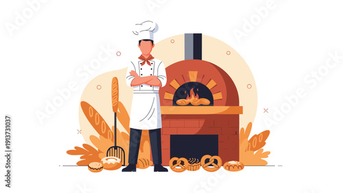 Professional baker wearing a white chefs uniform and hat standing proudly in front of a traditional stone oven surrounded by fresh bread.