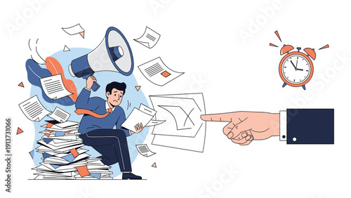 Stressed office worker overwhelmed by piles of paperwork and loud megaphone while a giant hand points and an alarm clock rings.