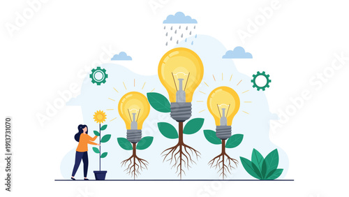 Creative woman watering lightbulb plants as they grow from the soil representing the cultivation and nurturing of innovative ideas.