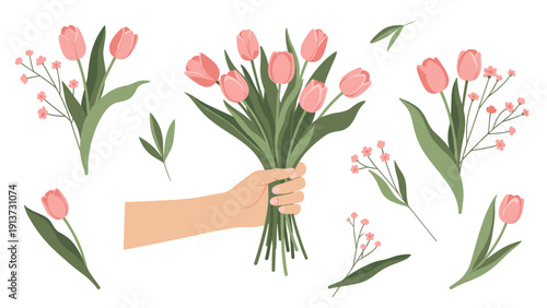 Human hand holding a beautiful bouquet of pink tulips with various individual flower sprigs and leaves scattered around the composition.
