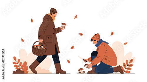 Two friends wearing autumn clothes and hats picking wild mushrooms in a forest while enjoying the falling autumn leaves.