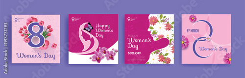 8 march women’s day social media posts bundle with feminine silhouette and colorful floral elements square ads flier flyer poster pack promo designs banner web banner illustrations collections